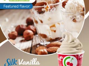 SILK Vanilla Almond milk frozen yogurt in a CherryBerry branded cup 
